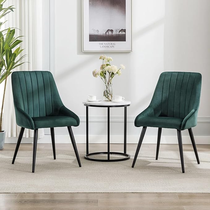 Finch Fox® Morris Velvet Dining Chair for Living Room, Bedroom, Home Office with Black Metal Legs in Dark Green Color (Set of 2)