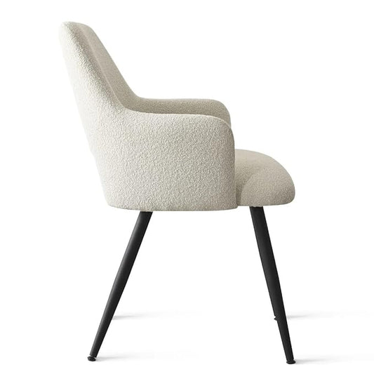 Finch Fox® Motel Luxurious Home Collection Upholstery Boucle Fabric Arm Dining Room Chairs in Cream Color with Black Metal Powder Coated Legs